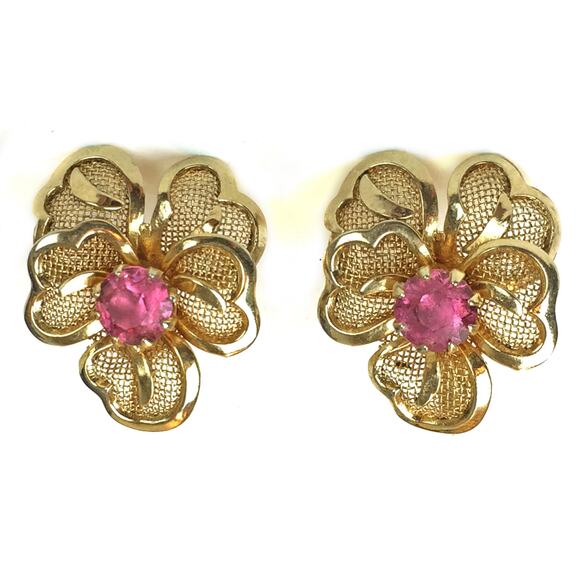 1960s Gold Tone Mesh Pink Rhinestone Flower Floral Vintage Screw Back Earrings - Picture 3 of 3